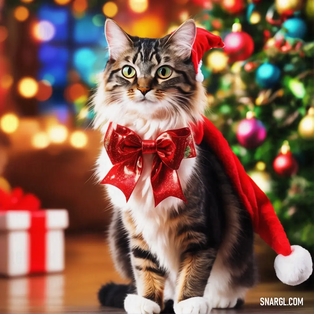 NCS S 0804-R10B color example: Cat wearing a santa hat and a red bow tie in front of a christmas tree with a gift