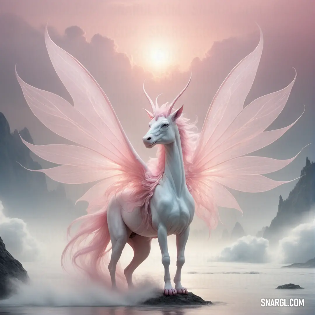 White unicorn with pink wings standing on a rock in the water with a mountain in the background. Example of NCS S 0804-R10B color.