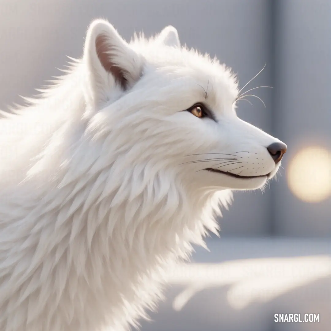 White wolf is standing in the snow looking at something in the distance with a blurry background. Color #FFF5F1.
