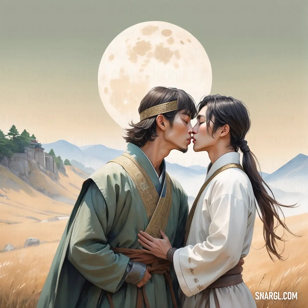 Painting of two people kissing in front of a full moon and mountains in the background. Example of CMYK 0,4,2,4 color.