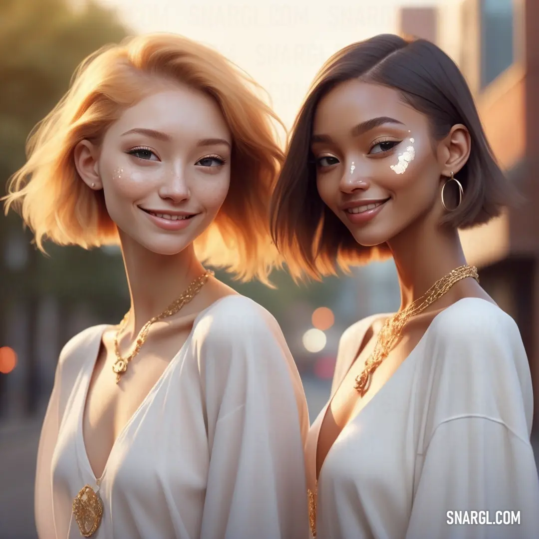 Two women with makeup and jewelry on their faces posing for a picture together in the street at sunset or sunrise