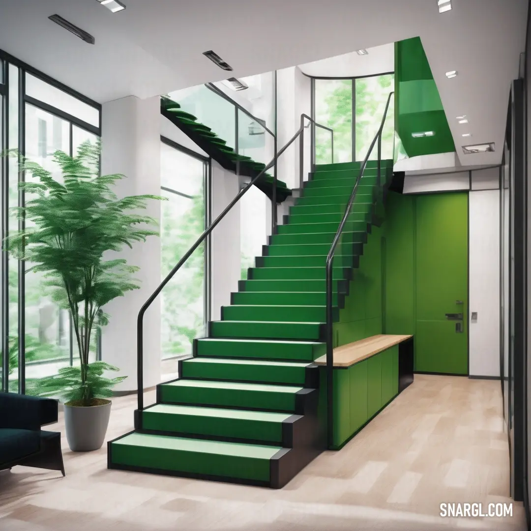 Green staircase in a modern home with a plant in the corner of the room and a green door. Color CMYK 3,2,0,2.