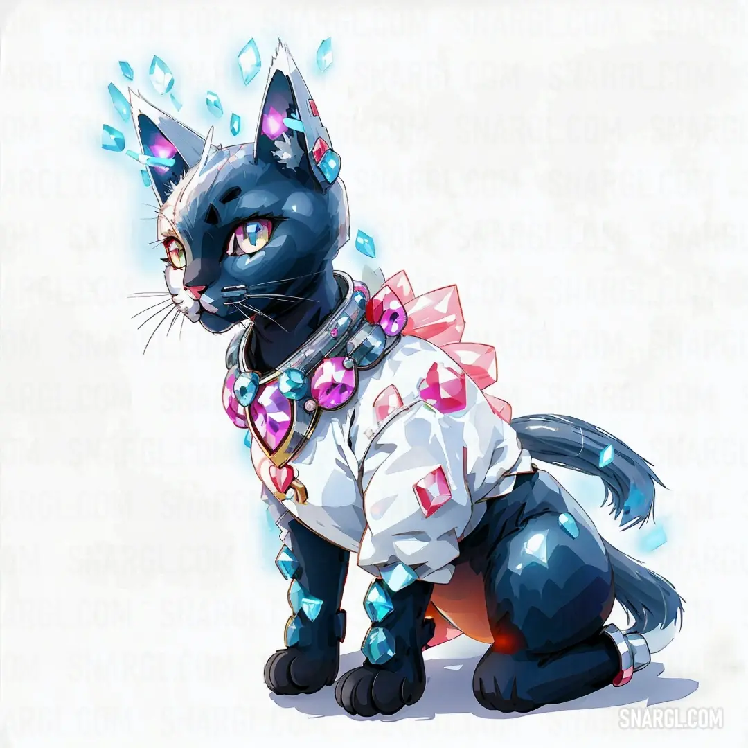 NCS S 0804-R50B color example: Black cat with a bow tie and a t - shirt on, down and looking at the camera