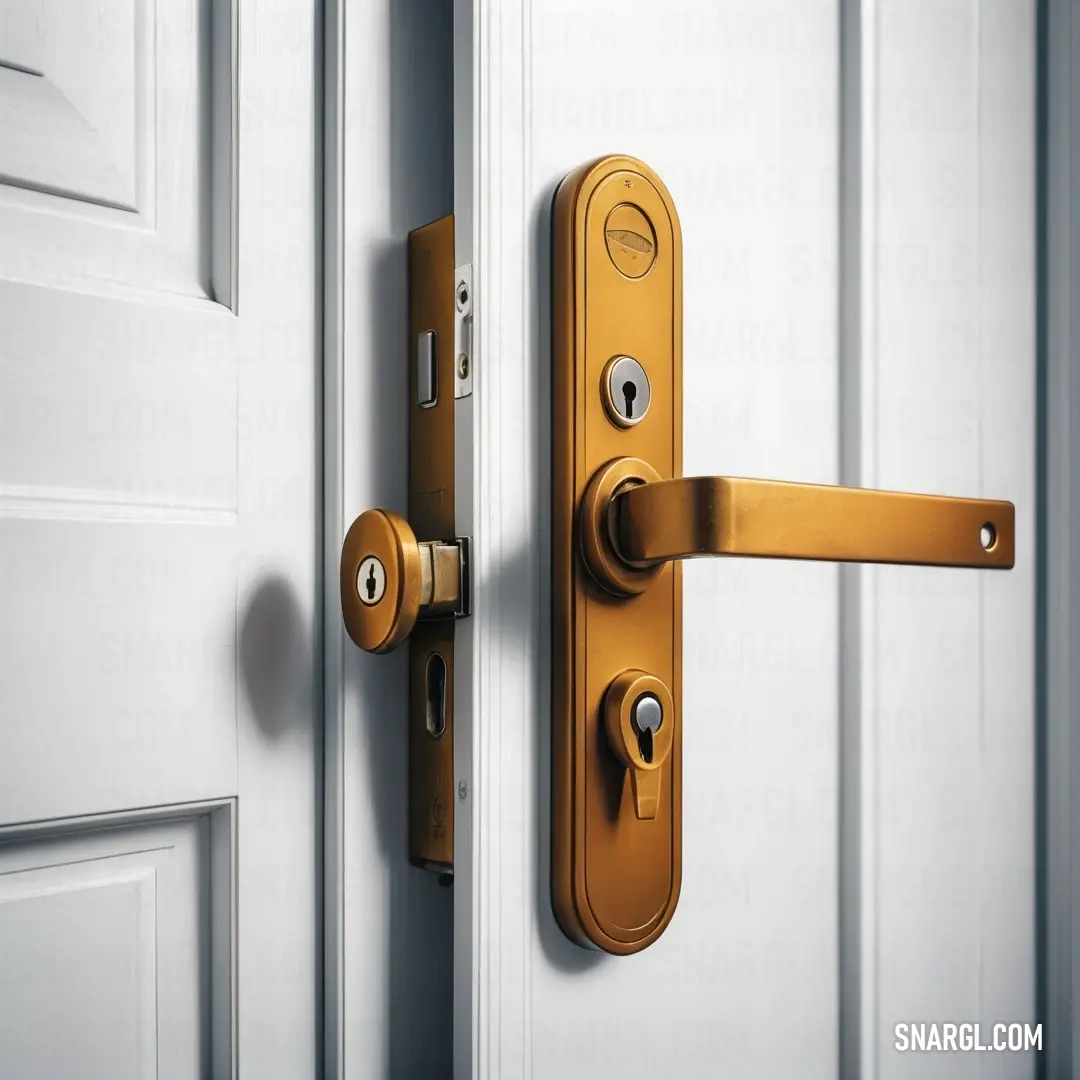 Close up of a door handle on a door with a white door background. Color #EEEFF3.
