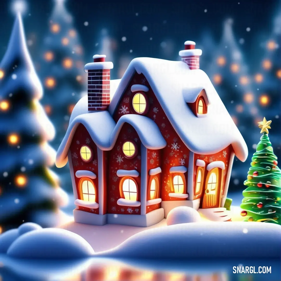 Christmas scene with a house and a tree in the snow with lights on it and a snowman. Example of #FDF9EF color.