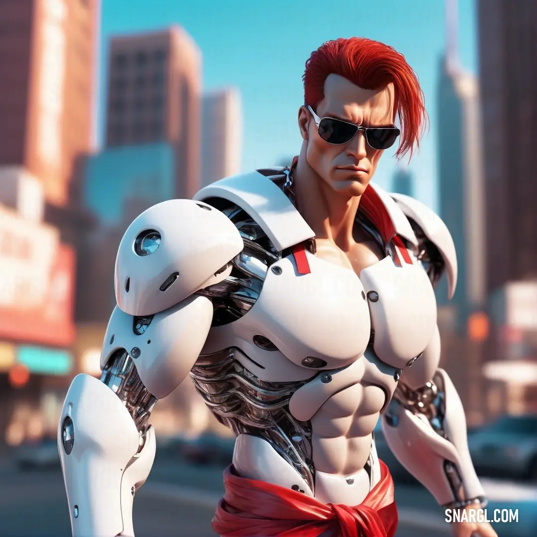 NCS S 0804-Y10R color example: Man in a futuristic suit with red hair and sunglasses on a city street with a futuristic robot like body