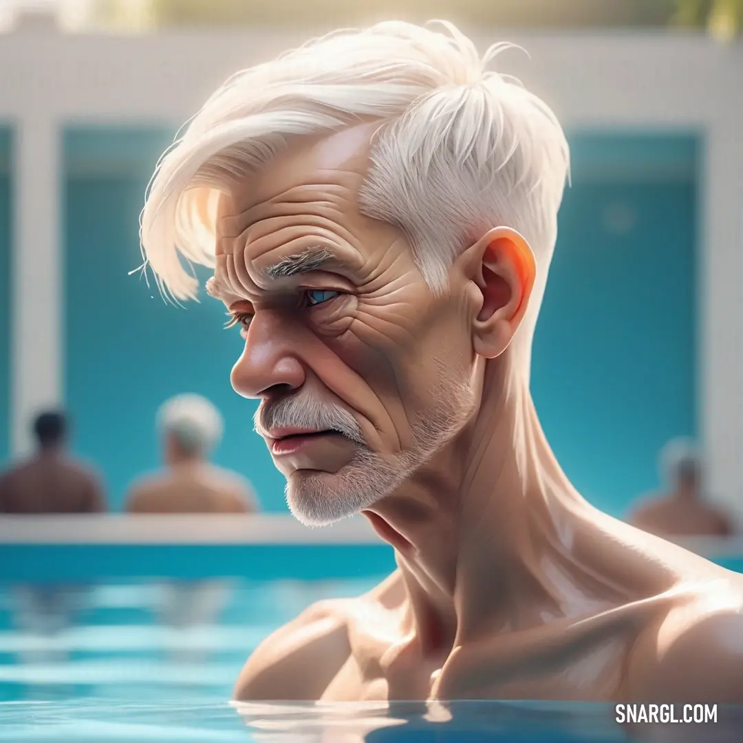 Man with white hair and a white beard is in a pool of water with people in the background. Color RGB 253,249,239.