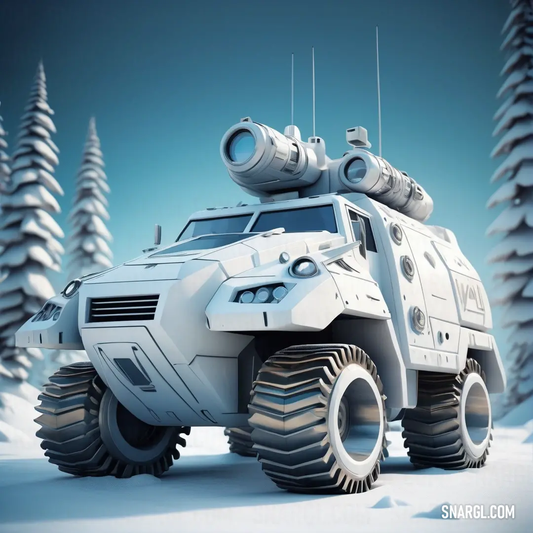 NCS S 0804-Y10R color. White armored vehicle driving through a snowy forest area with trees in the background