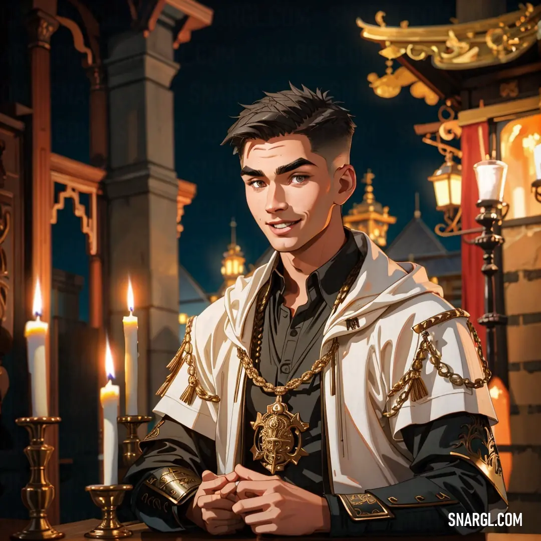 Man in a renaissance outfit at a table with candles in front of him and a clock in the background. Color CMYK 0,4,15,0.