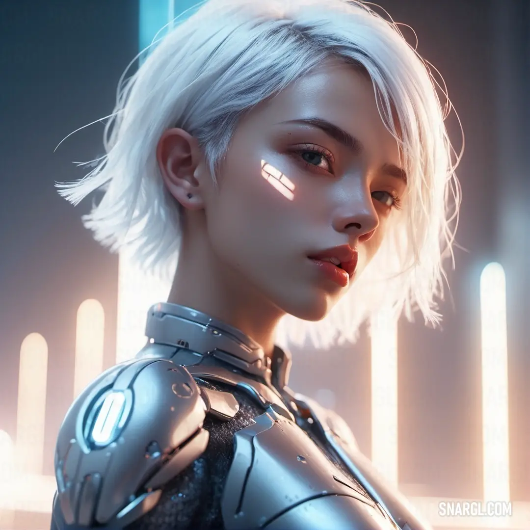 Woman with short white hair and a futuristic suit on. Color RGB 255,246,226.