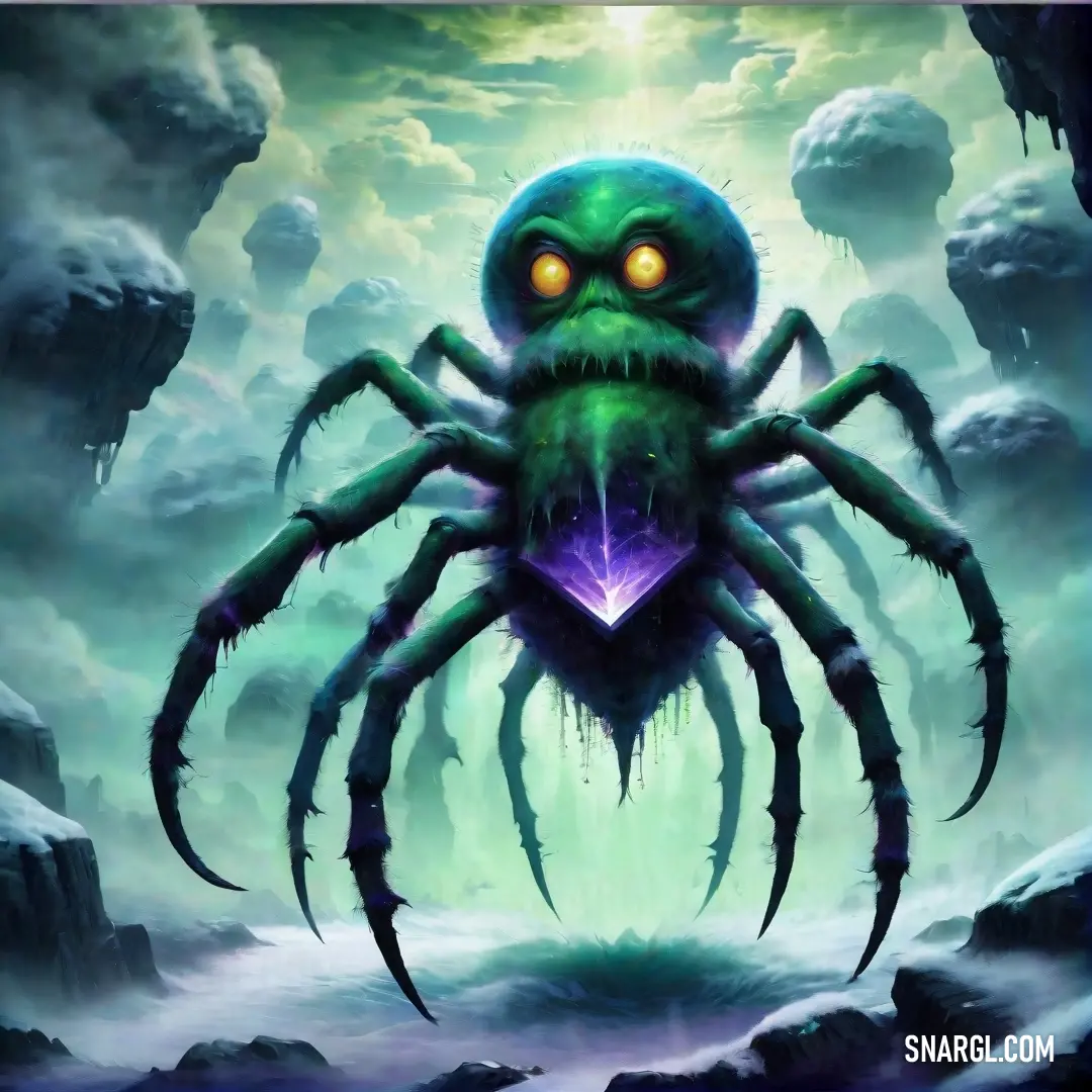 A large, menacing green spider with intense, glowing eyes reveals a shocking purple heart clasped tightly in its jaws, showcasing an uncanny blend of beauty and terror that invokes an unsettling fascination.