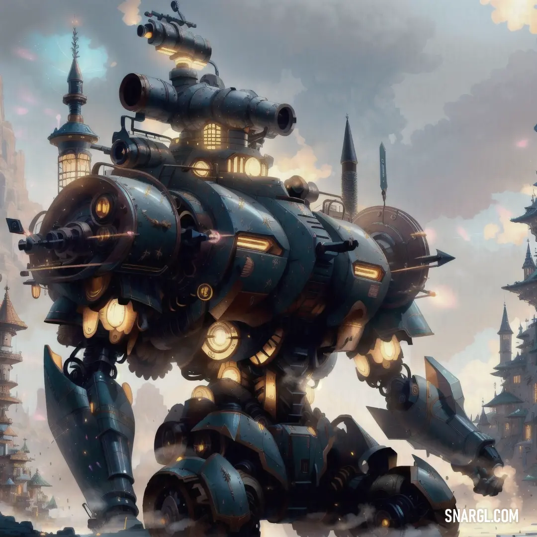 A large robot, adorned with numerous lights on its face and legs, stands tall in front of a sprawling city skyline. The soft, warm glow of the lights contrasts with the city's cold steel, creating an intriguing juxtaposition.