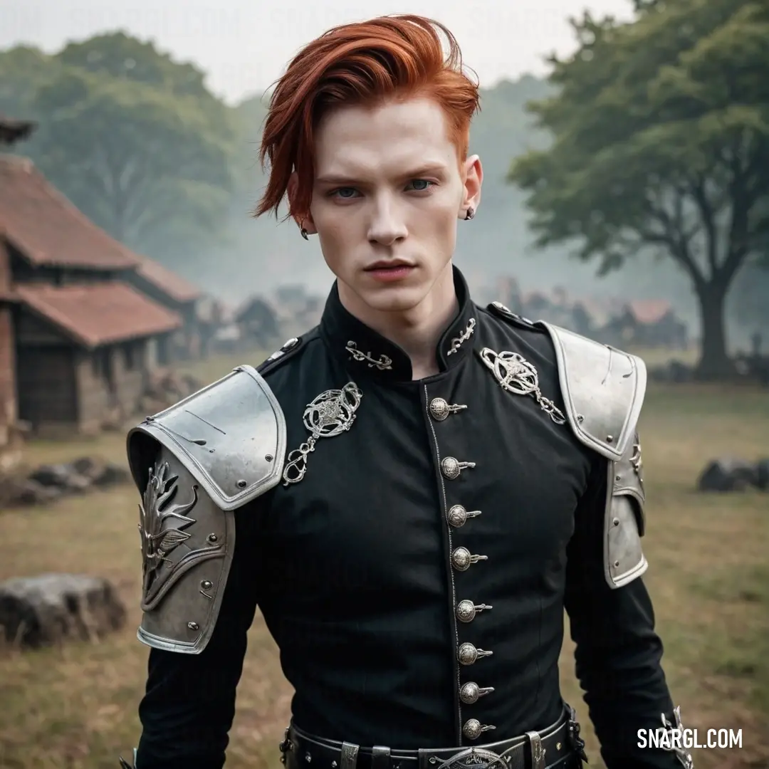 A fierce warrior with fiery red hair clad in a sleek black outfit and a shimmering silver helmet confidently poses in a sunlit field, with a quaint house in the background, representing the harmony of courage and tranquility.