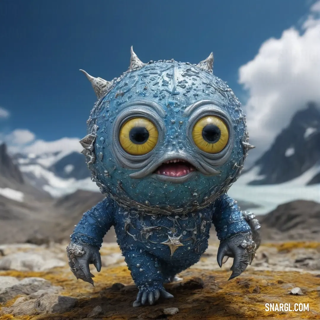 A mystical blue creature with vibrant yellow eyes and horns stands boldly atop a rock, gazing at majestic mountains capped with snow, creating a stunning contrast against the vivid landscape that surrounds it.