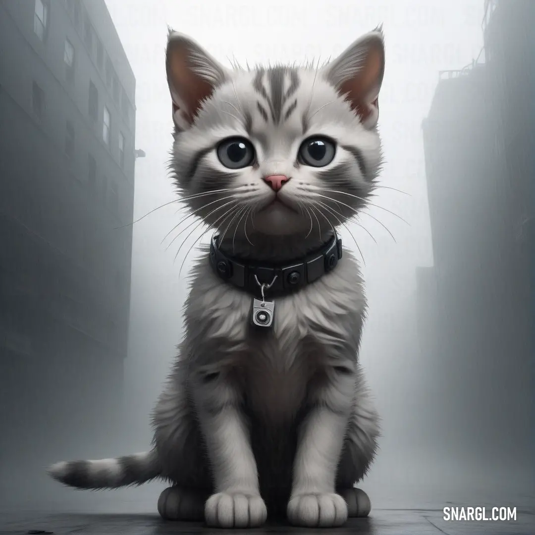 A whimsical scene featuring a charming cat adorned with a stylish collar, sitting on a damp floor amidst a foggy cityscape. Towering buildings loom in the distance, shrouded in mist, evoking a sense of mystery and serenity.