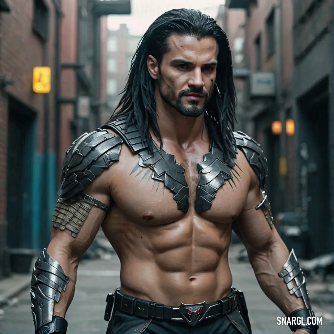 A rugged individual with flowing long hair dons worn leather armor, standing defiantly on a bustling street corner, knife clenched tightly in his hand, embodying a spirit of courage and rebellion amidst an urban backdrop.