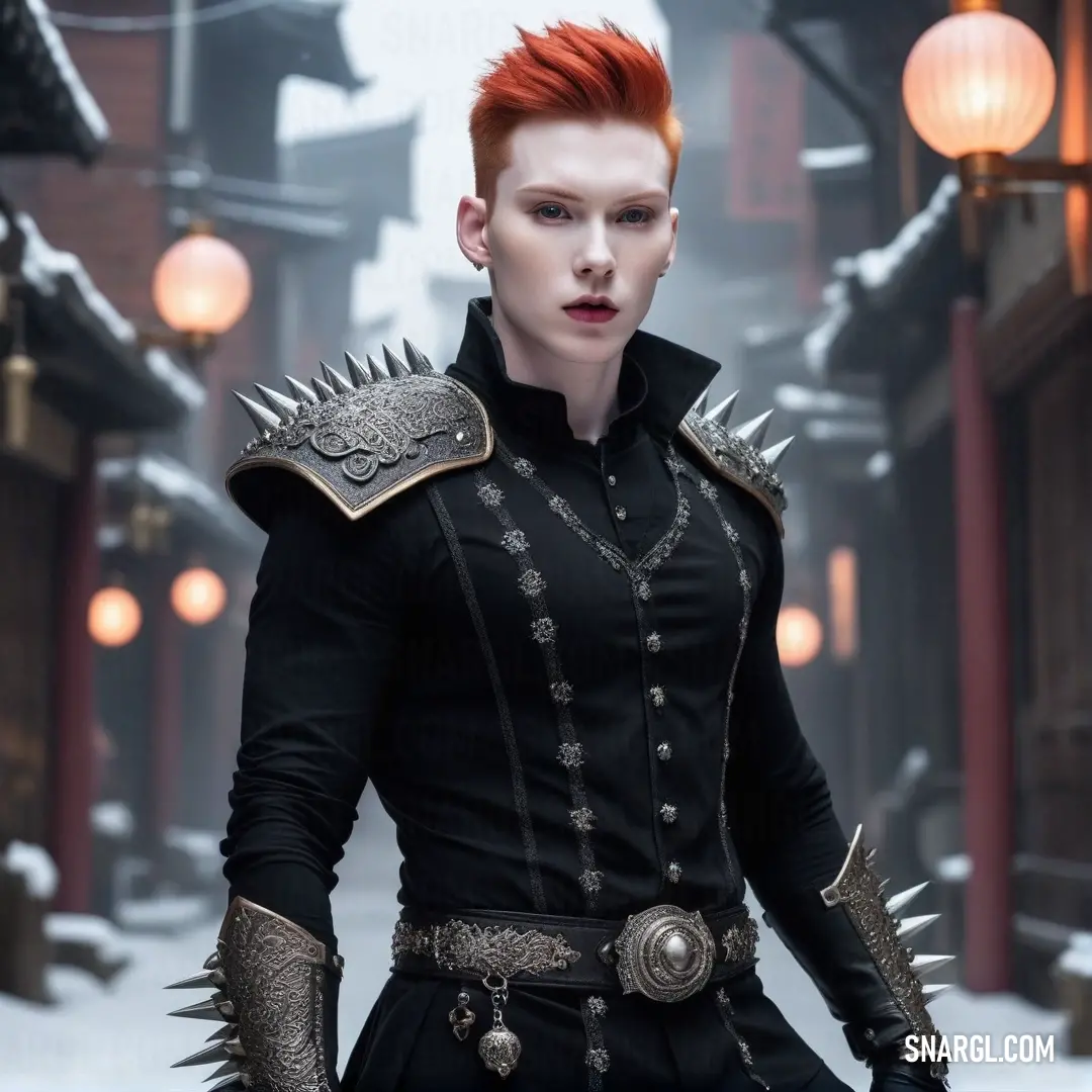 This striking image features a man with vibrant red hair and dramatic spiked horns, donning a sleek black outfit complemented by a fiery red mohawk. His distinctive look is accentuated by spiked collars and cuffs, radiating bold attitude.