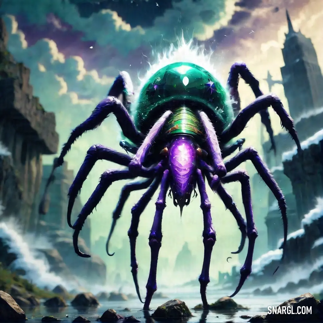 A regal purple spider roams against a dreamy sky, as it clutches a shimmering green orb in its maw, blending fantasy with an air of mystery under the expansive azure backdrop.