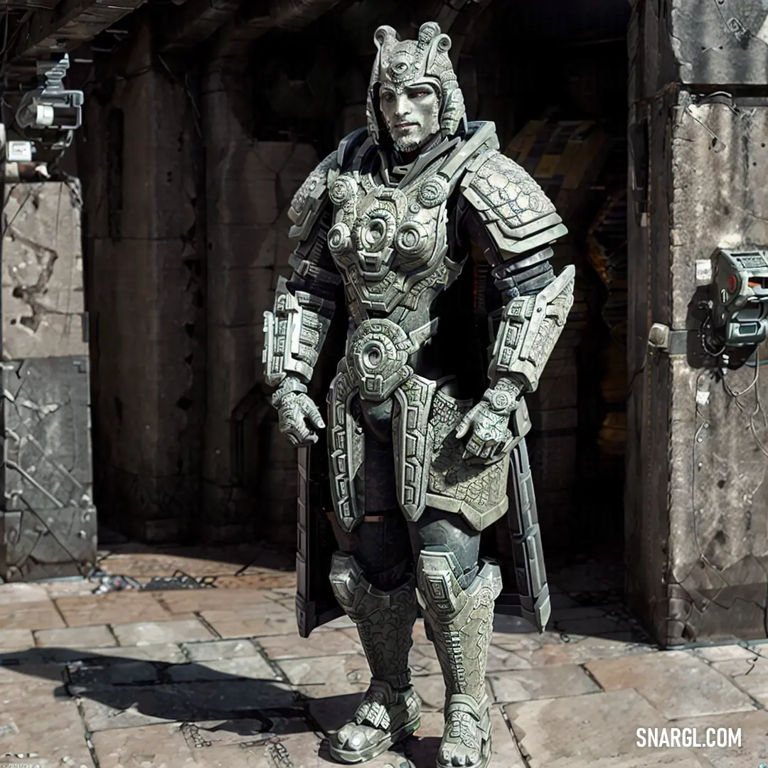 A statue of a man in full armor stands proudly on a brick walkway, leading to a grand building with an ornate door. The scene exudes a sense of strength and history, inviting admiration and respect.