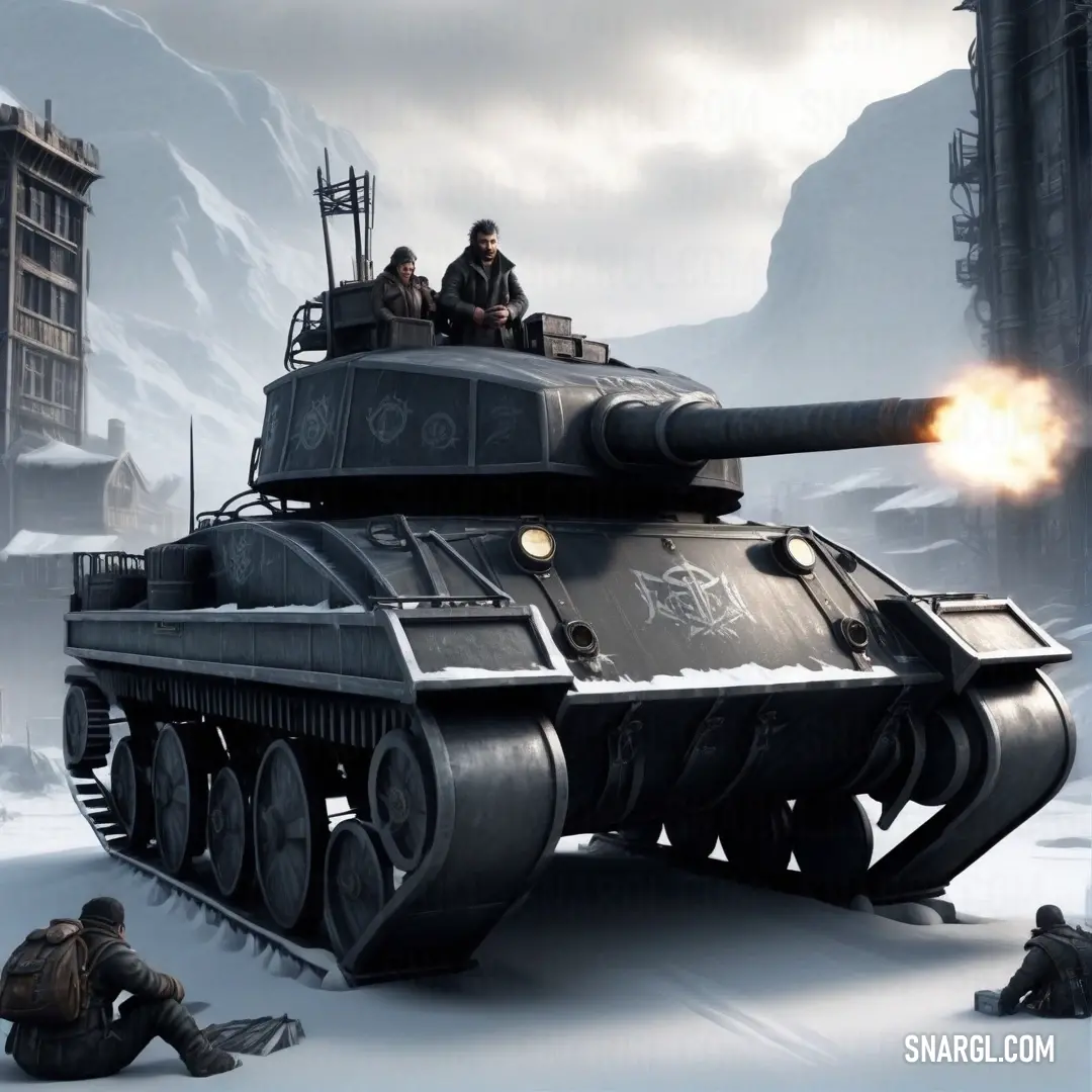 A tank braves the snow-covered landscape, with a soldier confidently perched atop, gripping a gun tightly. The frosty atmosphere adds an air of suspense and adventure to this military scene.