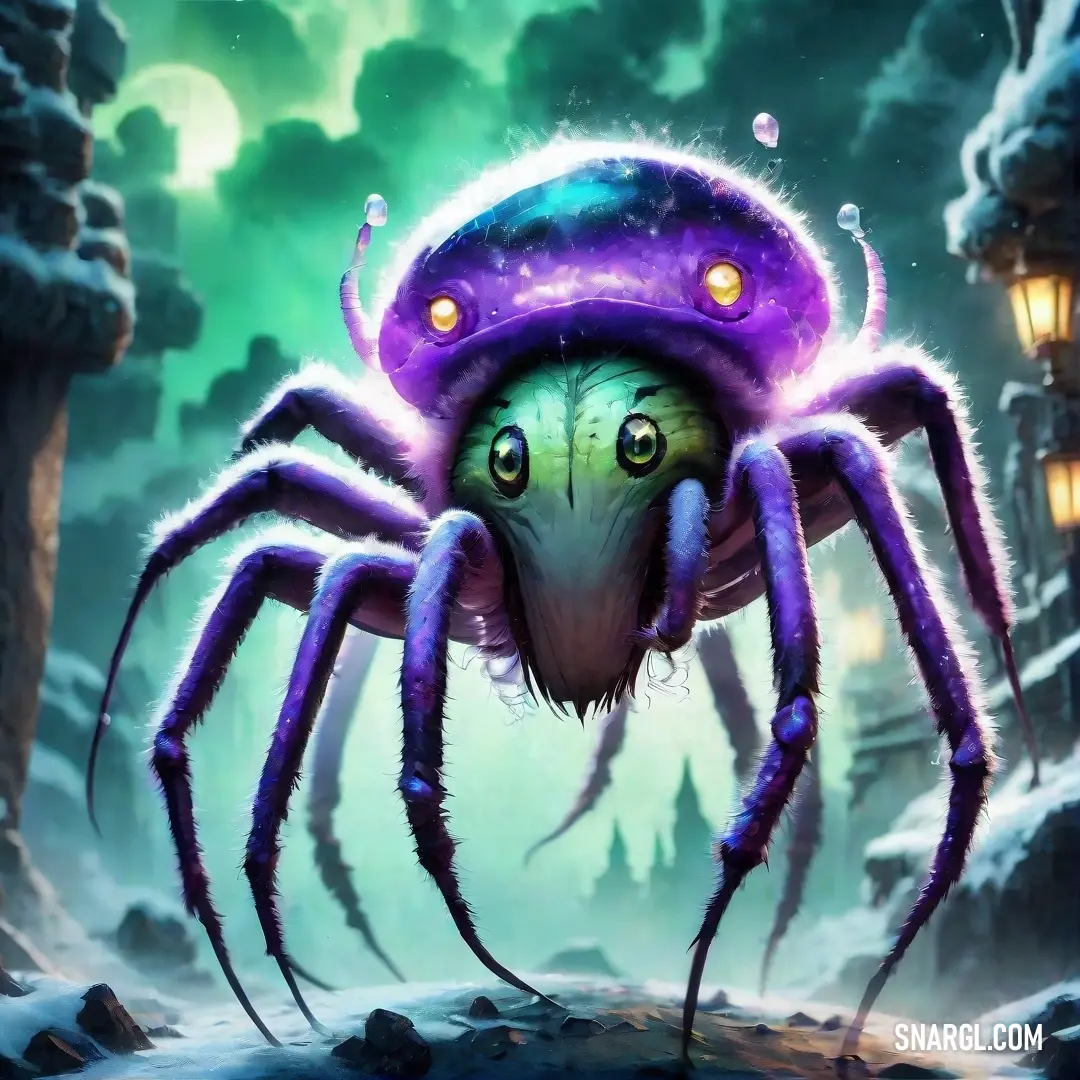 A stunning purple spider radiates curiosity with its luminous eyes and a jaunty purple hat perched atop its head, presenting a quirky and charming character that invites a closer look into its enchanting world.