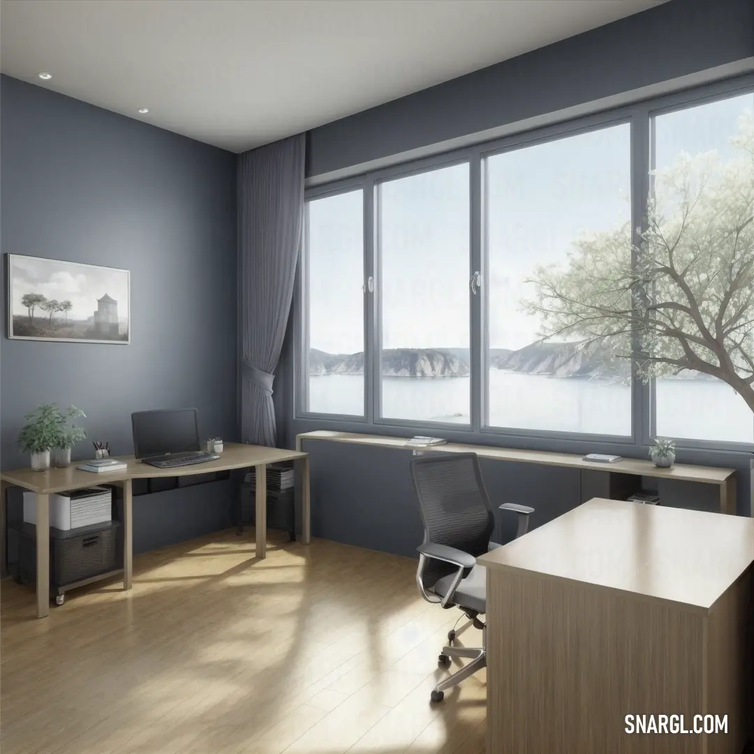 A serene room with a modern desk, chair, and large window offering a beautiful view of the water outside. The warm golden tones of the room create a cozy, tranquil ambiance perfect for relaxation or working.