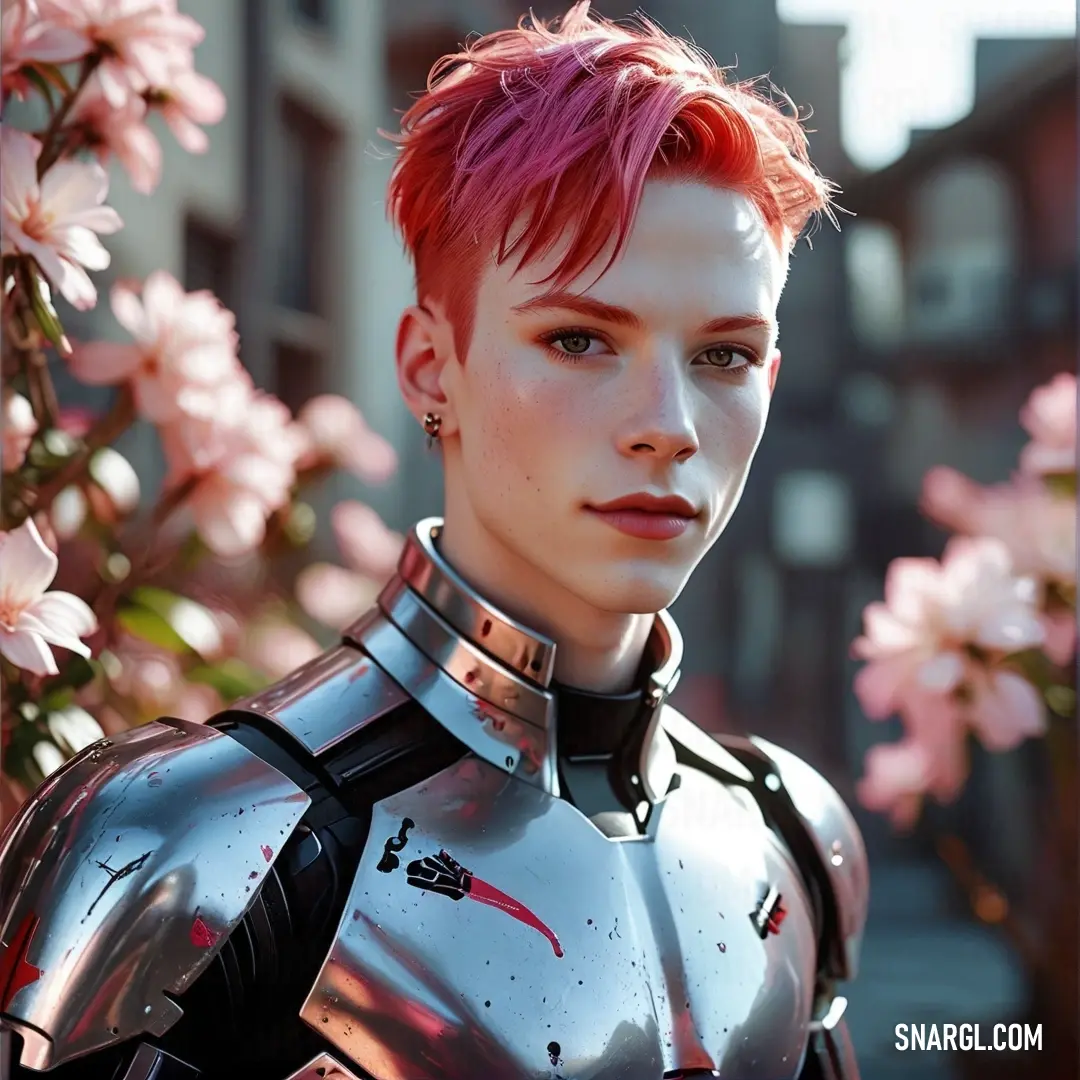 A bold woman with striking red hair, wearing a futuristic suit, stands confidently against a backdrop of vibrant city flowers. The juxtaposition of her style with nature creates a captivating and aspirational scene.