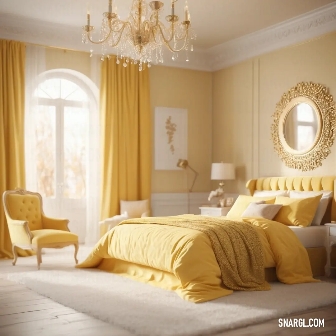 Bedroom with a chandelier and a bed with yellow sheets and pillows and a chair and a mirror. Example of RGB 255,245,236 color.