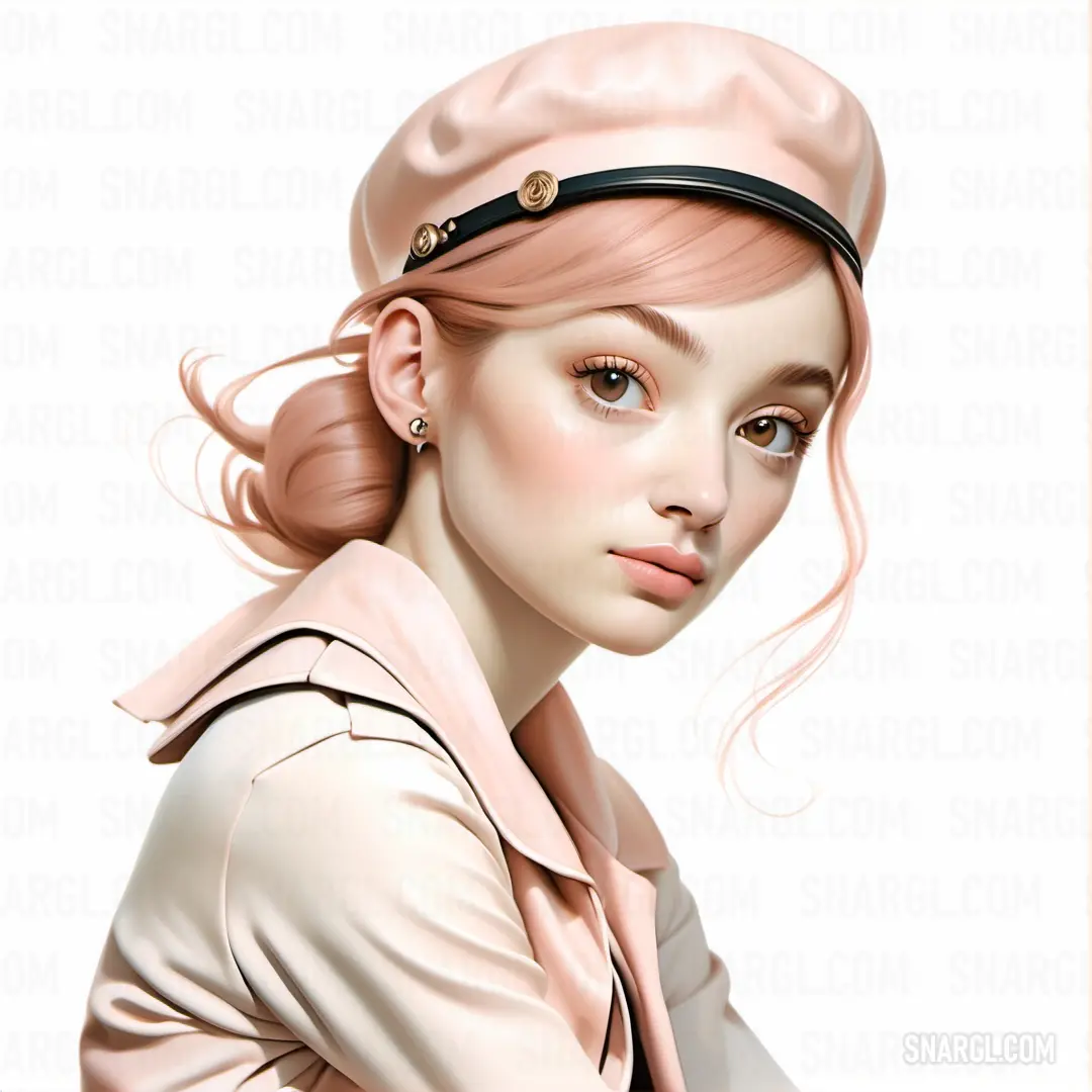 Digital painting of a woman with a pink hair and a pink jacket on her head. Color #FFF5EC.