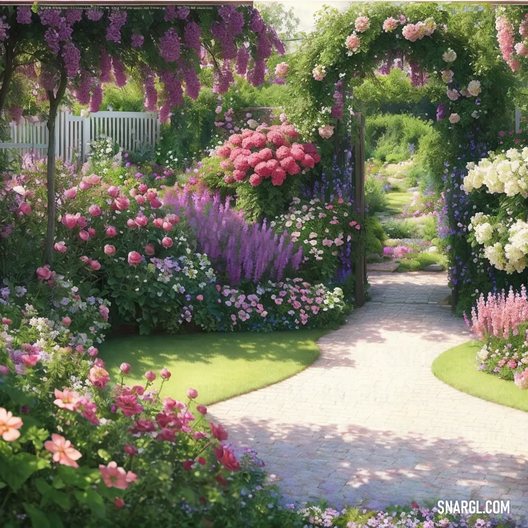 Garden with a pathway and flowers all around it and a white fence in the background. Example of RGB 255,245,236 color.