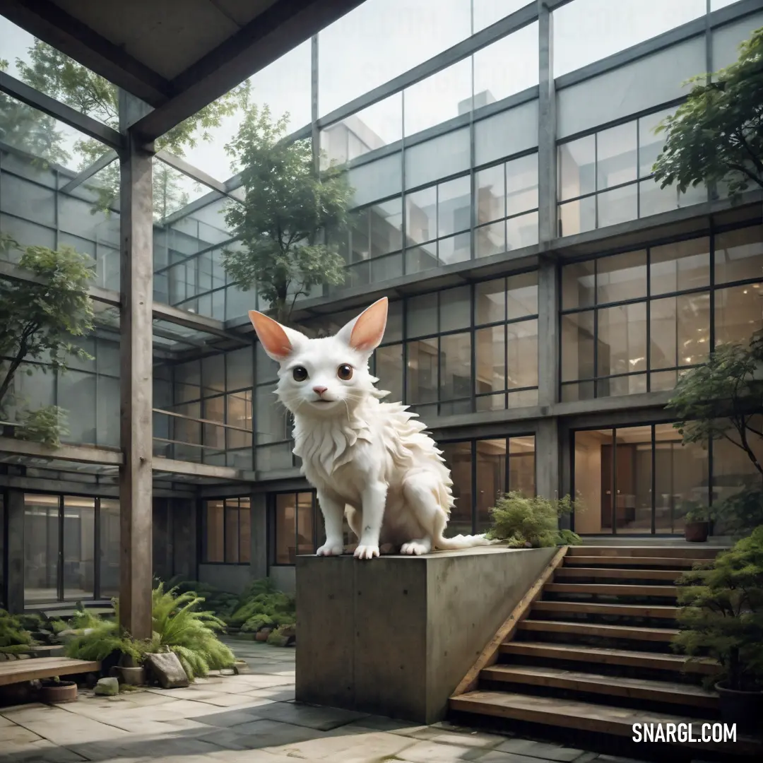 White cat on top of a cement block in front of a building with glass windows and a staircase. Color NCS S 0804-Y70R.