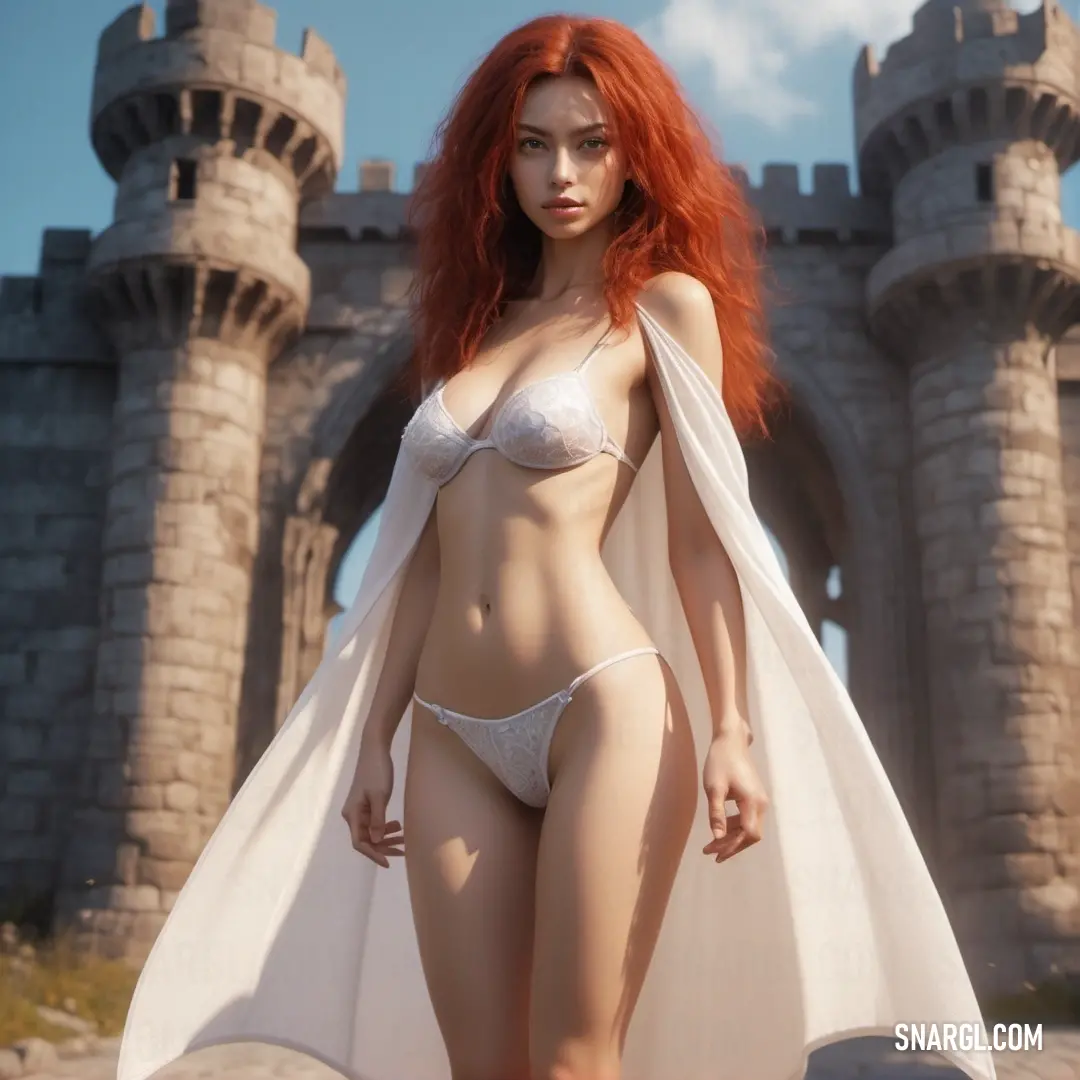 Woman with red hair and a cape on a beach near a castle with a white dress on it. Example of RGB 255,245,236 color.