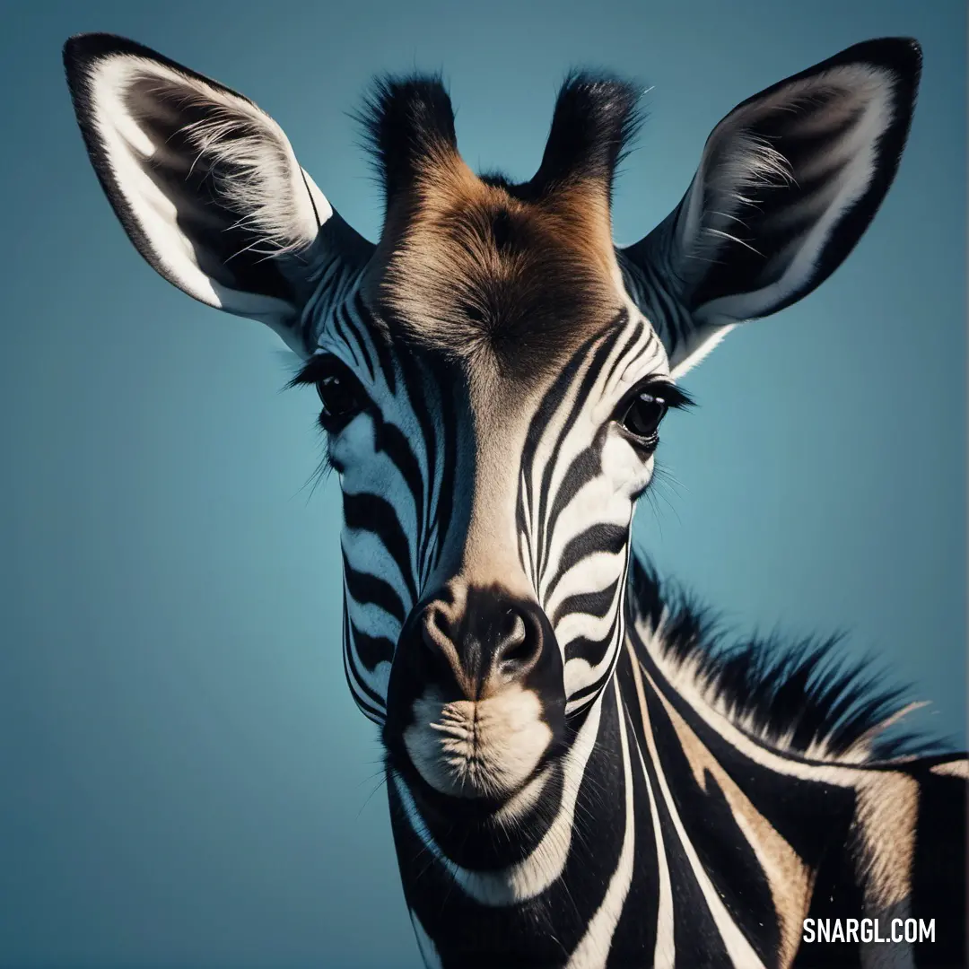 Close up of a zebra's face with a blue background. Color #FBF1E5.