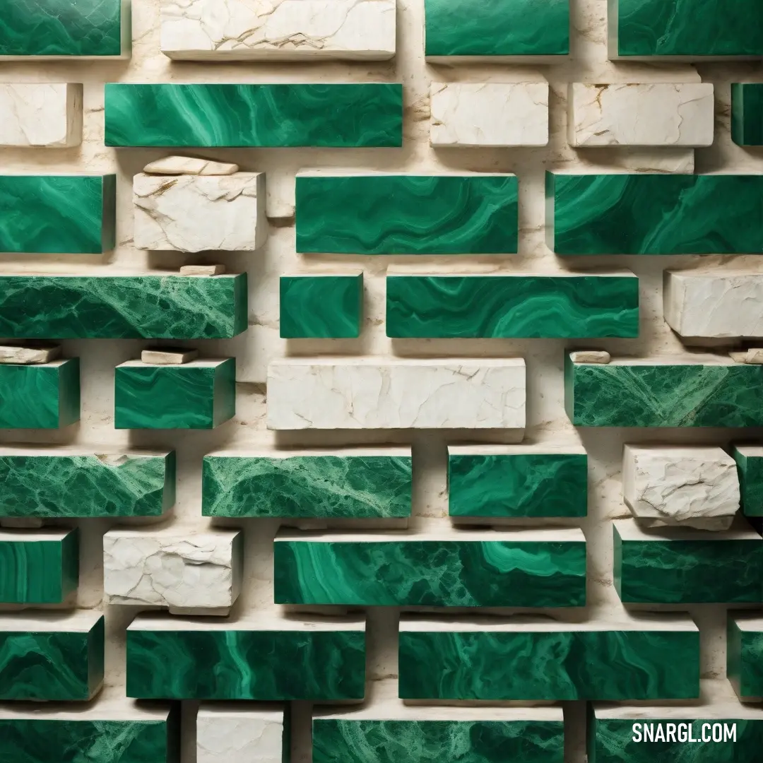 Green and white wall with a pattern of blocks of marble on it's sides. Color NCS S 0804-Y90R.