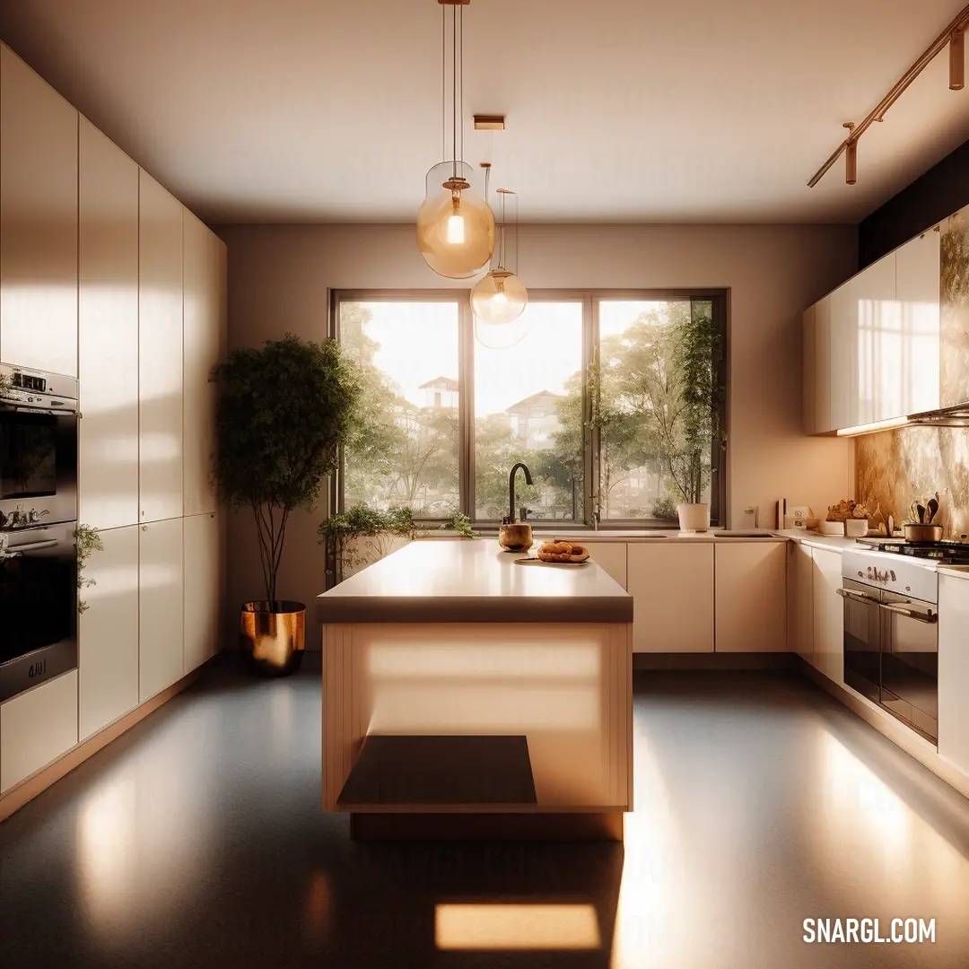 A spacious kitchen featuring a large central island and a window that frames a beautiful outdoor view. The setup offers both style and functionality, with a stove and sink integrated into the design.