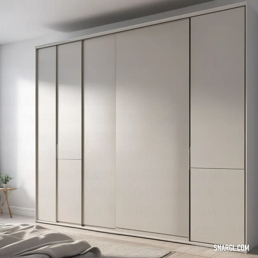 An inviting bedroom bathed in soft light, featuring a serene white closet, a cozy bed, and a warm rug, all complemented by a vibrant red ceiling for a touch of personality.