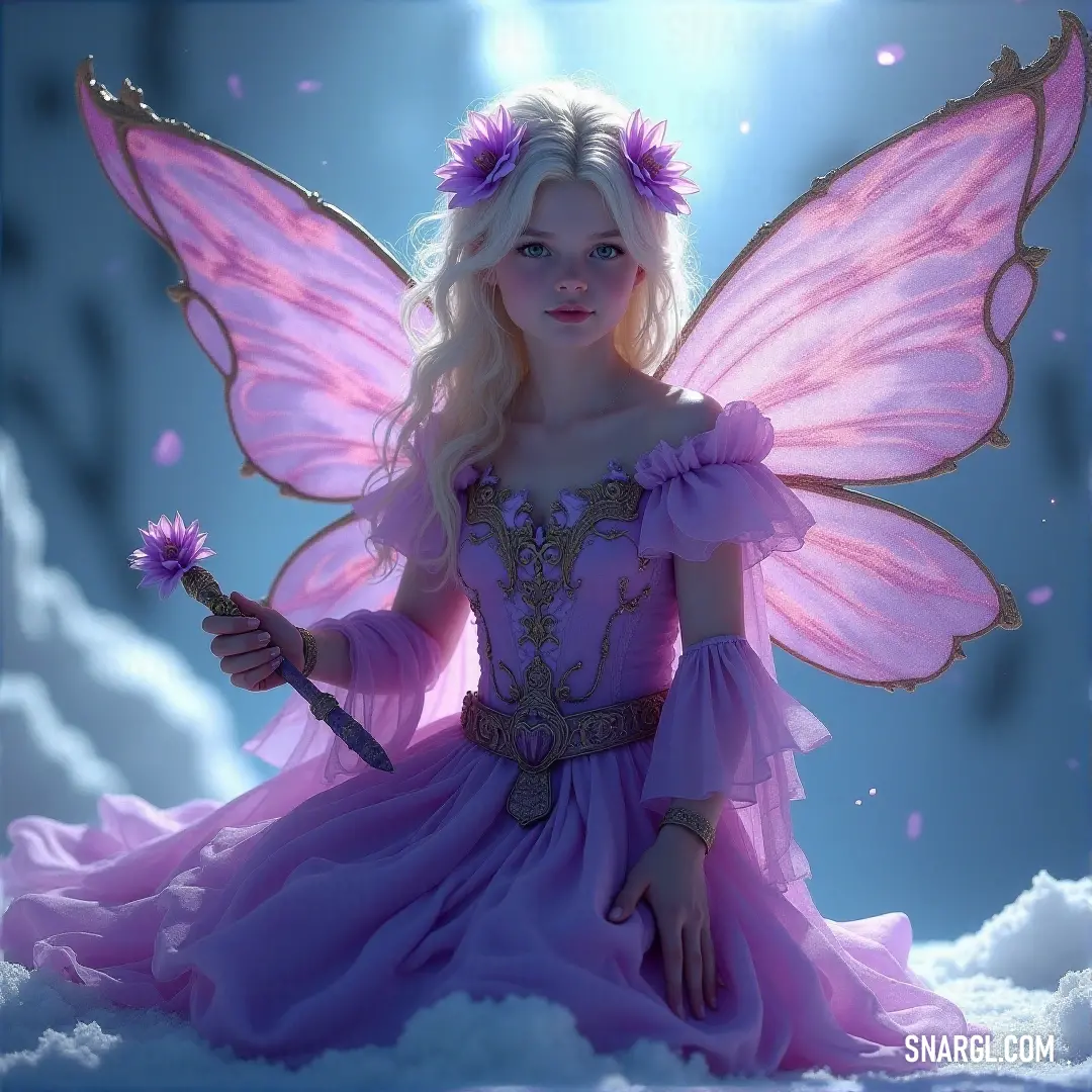 A whimsical fairy adorned in a delicate pink dress dances among fluffy clouds, a vibrant flower gently cradled in her hand. The soft hues of RGB 251,241,229 add a magical tranquility that evokes dreams and wonder.