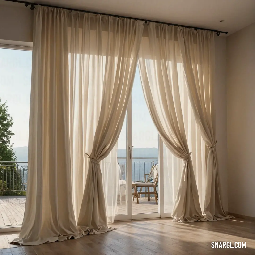 A large, airy window adorned with flowing curtains meets a rustic chair, casting soft shadows, and inviting in natural light that brightens the cozy corner of this charming room.