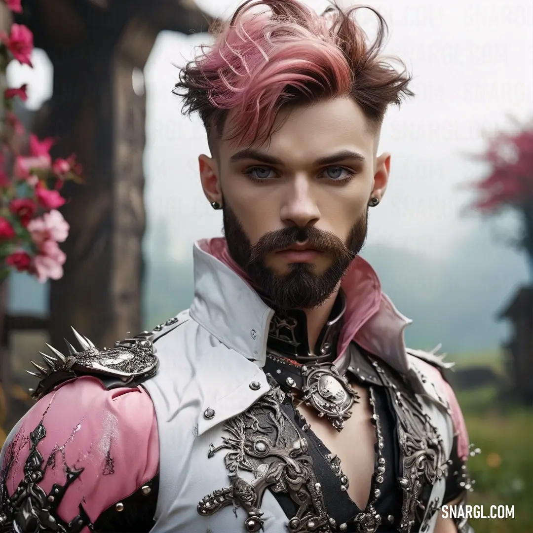 A visually arresting scene of a man with striking pink hair and a beard, armored and surrounded by a blooming pink flower bush. This captivating portrait reflects a vibrant character ready to embrace adventure in a colorful setting.