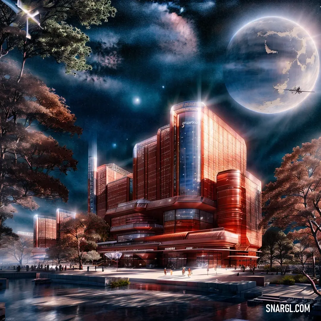 A serene view of a modern building set against a glowing moon, with the subtle details of the architecture highlighted by the gentle contrast of night. The soft hues of the surrounding environment create a peaceful atmosphere.