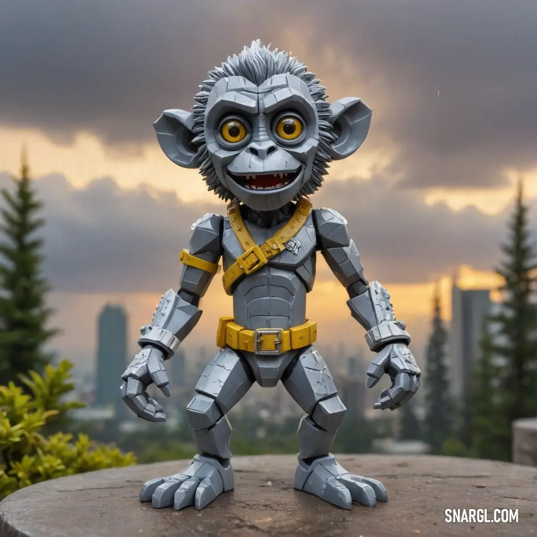 A cheerful toy monkey adorned with a sunny yellow belt, perched gracefully on a rocky surface, with a dynamic city skyline filled with trees and fluffy clouds in the background, embodying the playful spirit of childhood.