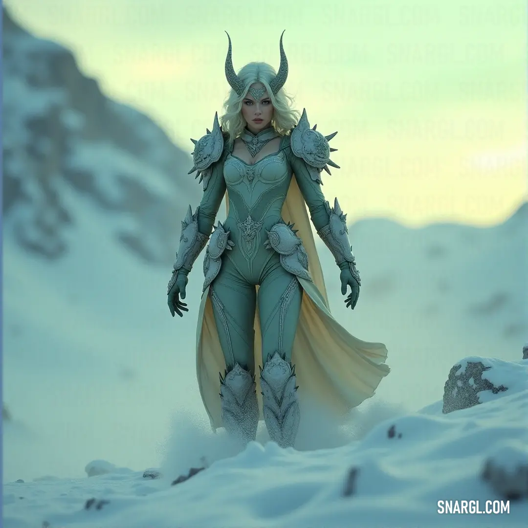 In the heart of a winter wonderland, a fierce woman wearing a dramatic cloak adorned with horns stands triumphantly in the snow, her presence regal and imposing. The cool tones of CMYK 0,5,10,2 enhance the captivating winter backdrop.