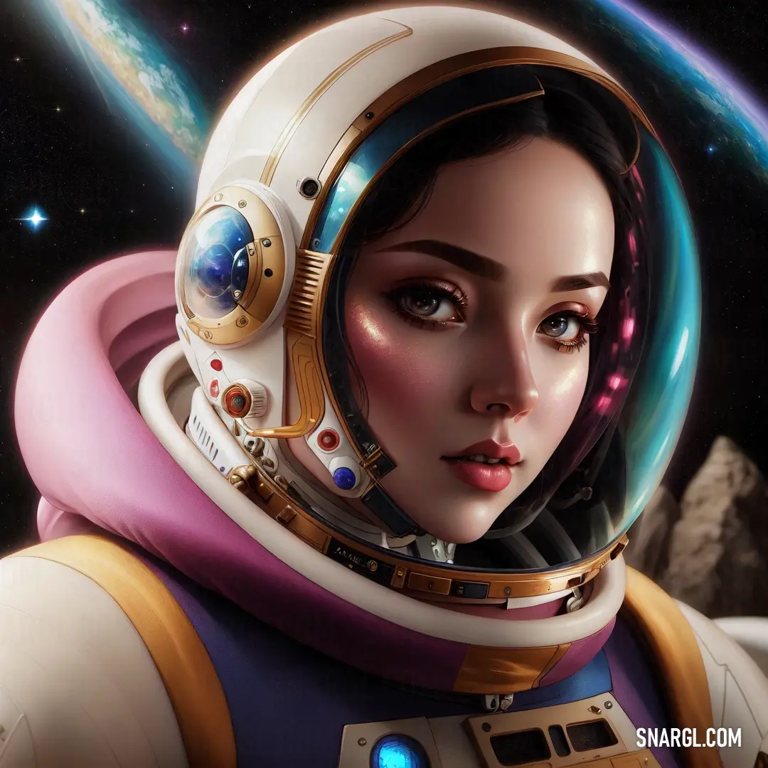 Woman in a space suit with a space background. Color NCS S 0804-Y90R.