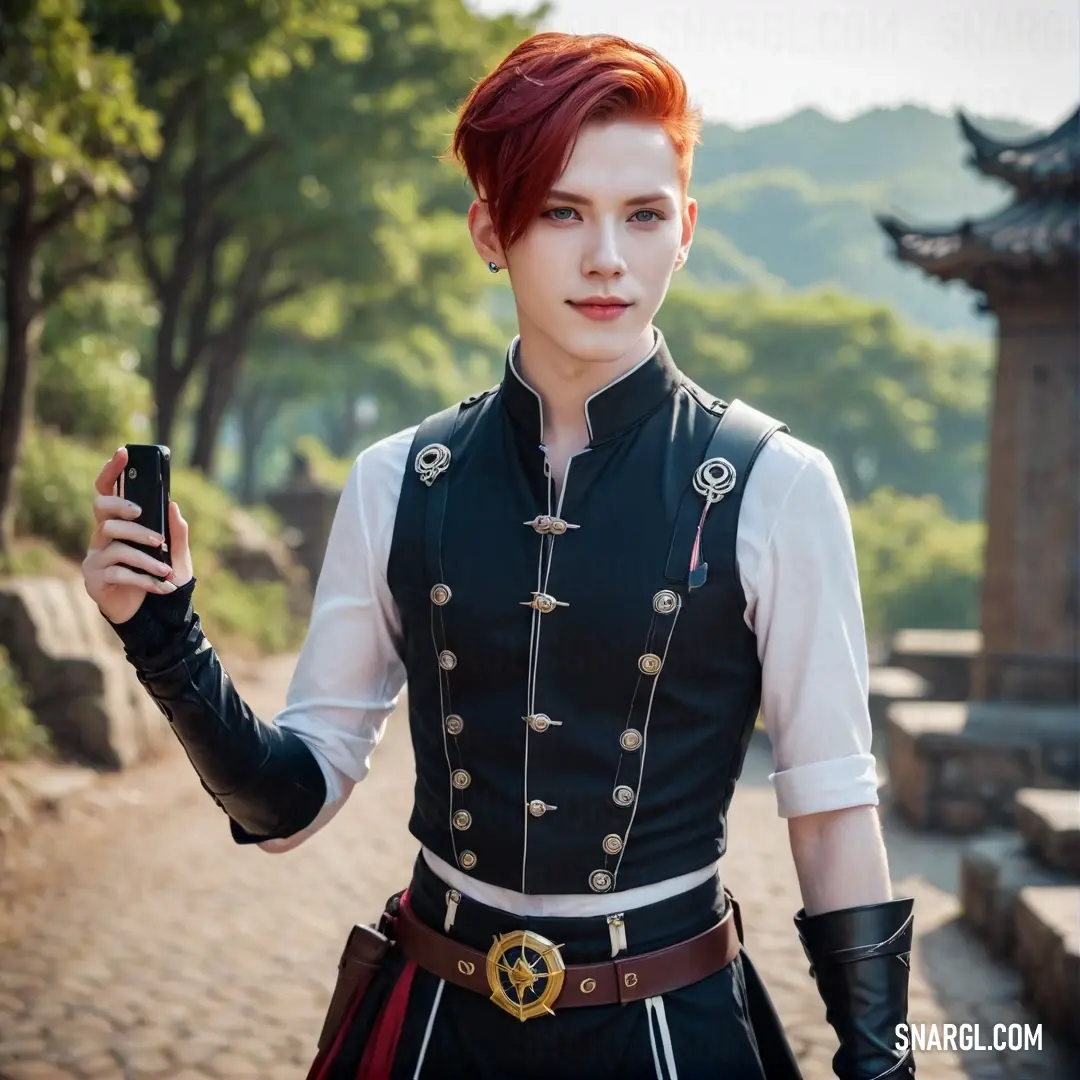 A radiant woman with striking red hair holds a cell phone in one hand while donning a stylish black outfit embellished with gold buttons. This image exudes contemporary elegance, blending modern technology with chic fashion sensibility.