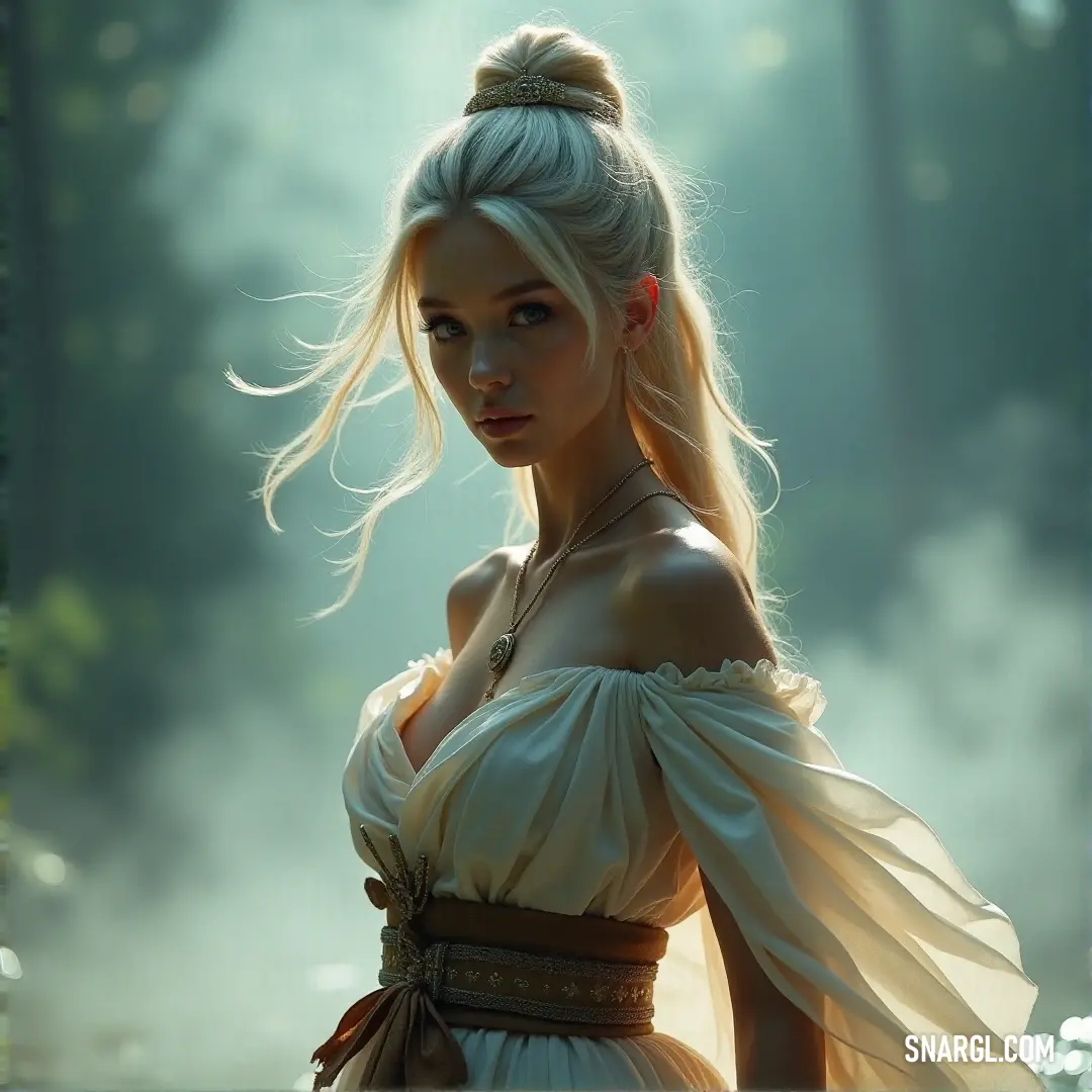 In a serene forest, a graceful woman clad in a flowing white dress stands amidst ancient trees, her presence creating a contrast with the vibrant foliage. She embodies tranquility and grace, enhanced by the NCS S 0804-Y90R color palette surrounding her.