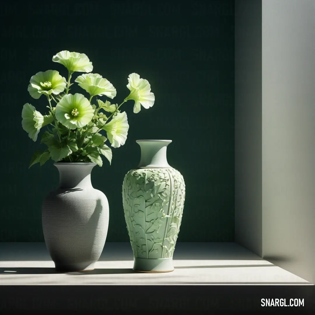 Couple of vases on a window sill with flowers in them on a sunny day in the sun. Color CMYK 10,0,15,4.
