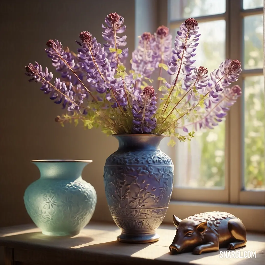 Vase with flowers and a pig figurine on a table in front of a window with a sun shining through. Example of #E7F1DE color.