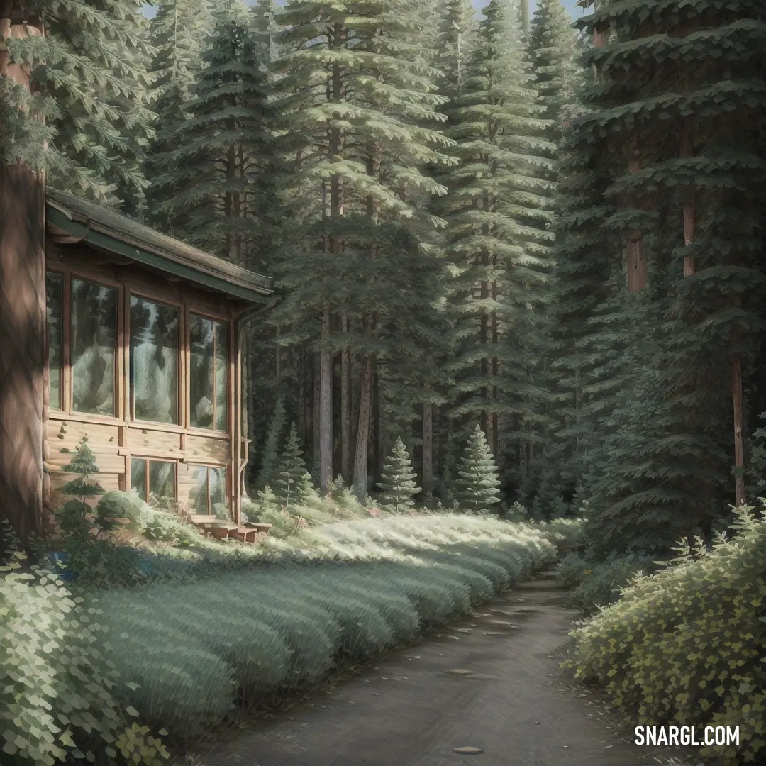 Painting of a cabin in the woods with trees and bushes around it and a path leading to it. Color #E7F1DE.