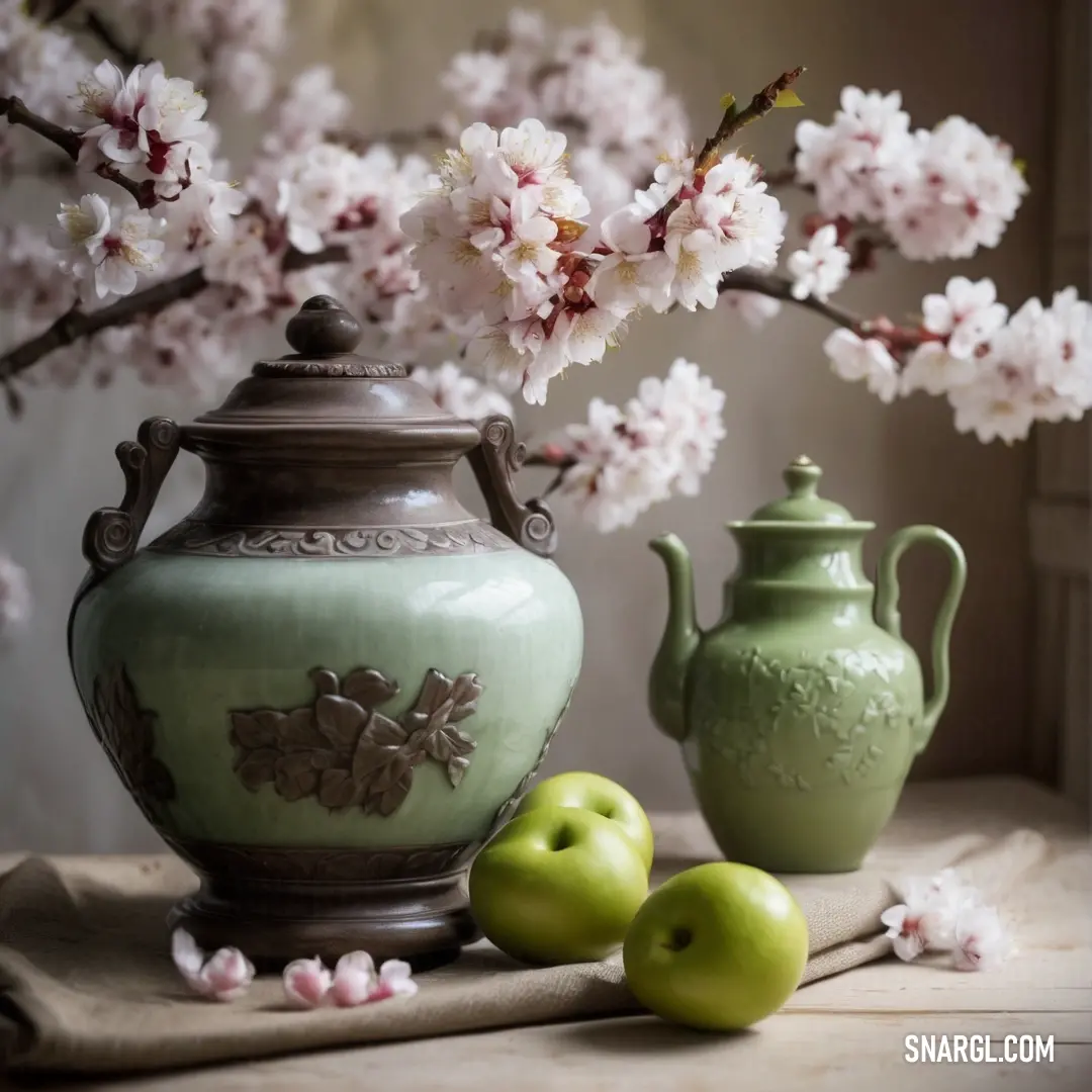 Vase with flowers and apples on a table next to a vase with flowers on it and a vase. Example of RGB 231,241,222 color.