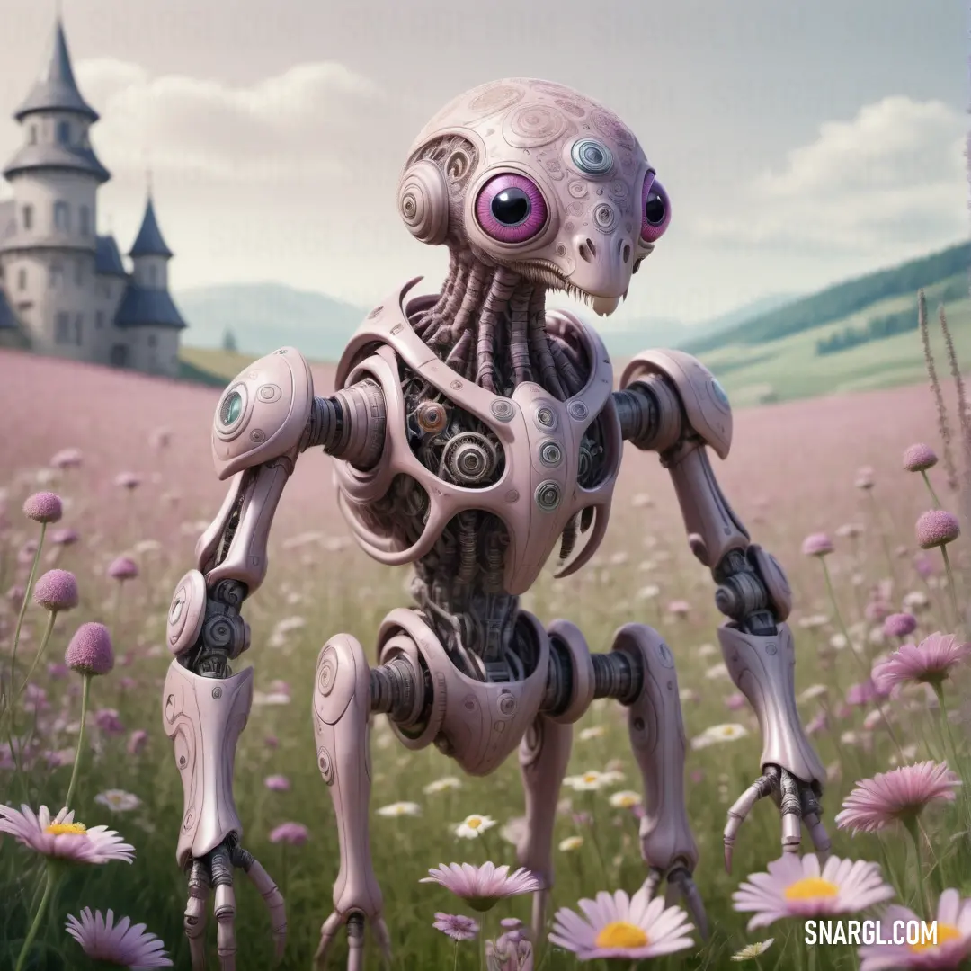 Robot standing in a field of flowers with a castle in the background. Color RGB 244,228,224.